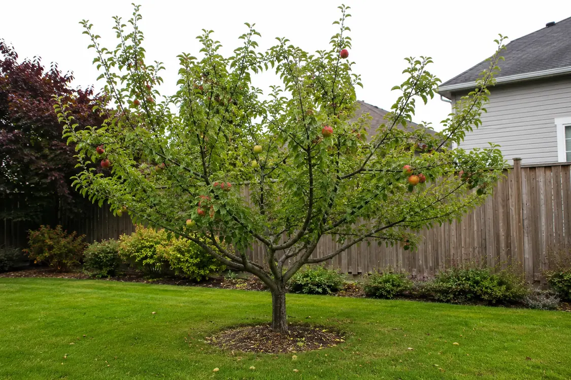 Well-shaped smaller apple tree in a residential yard
