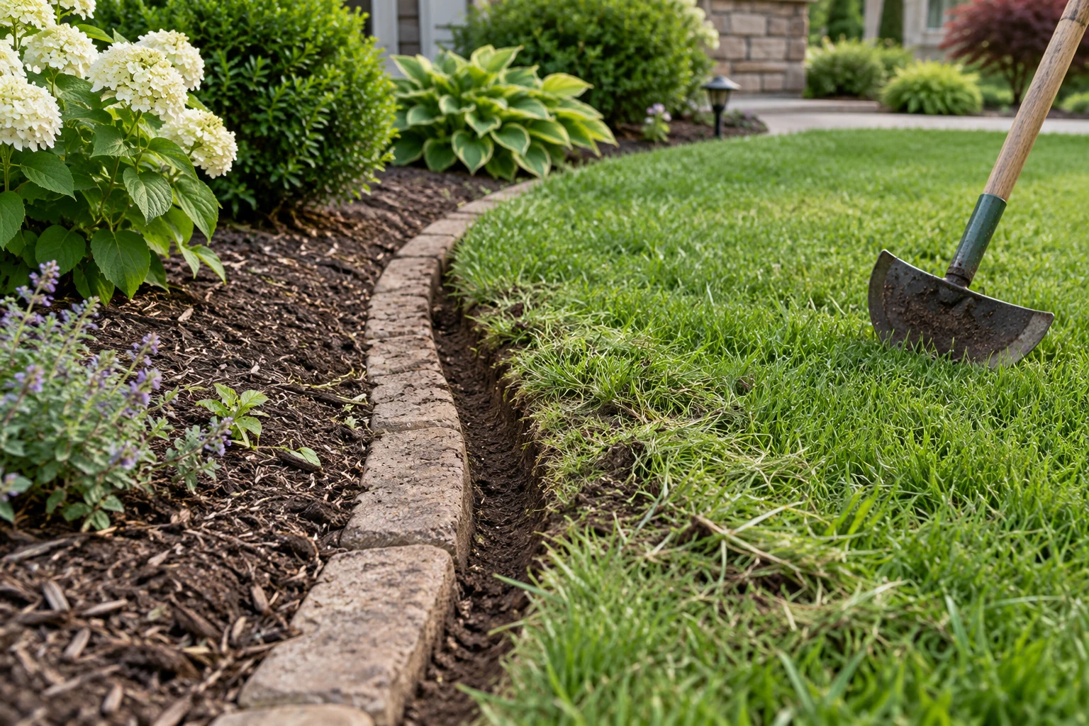 Freshly cut planting-bed border beside an untrimmed lawn edge