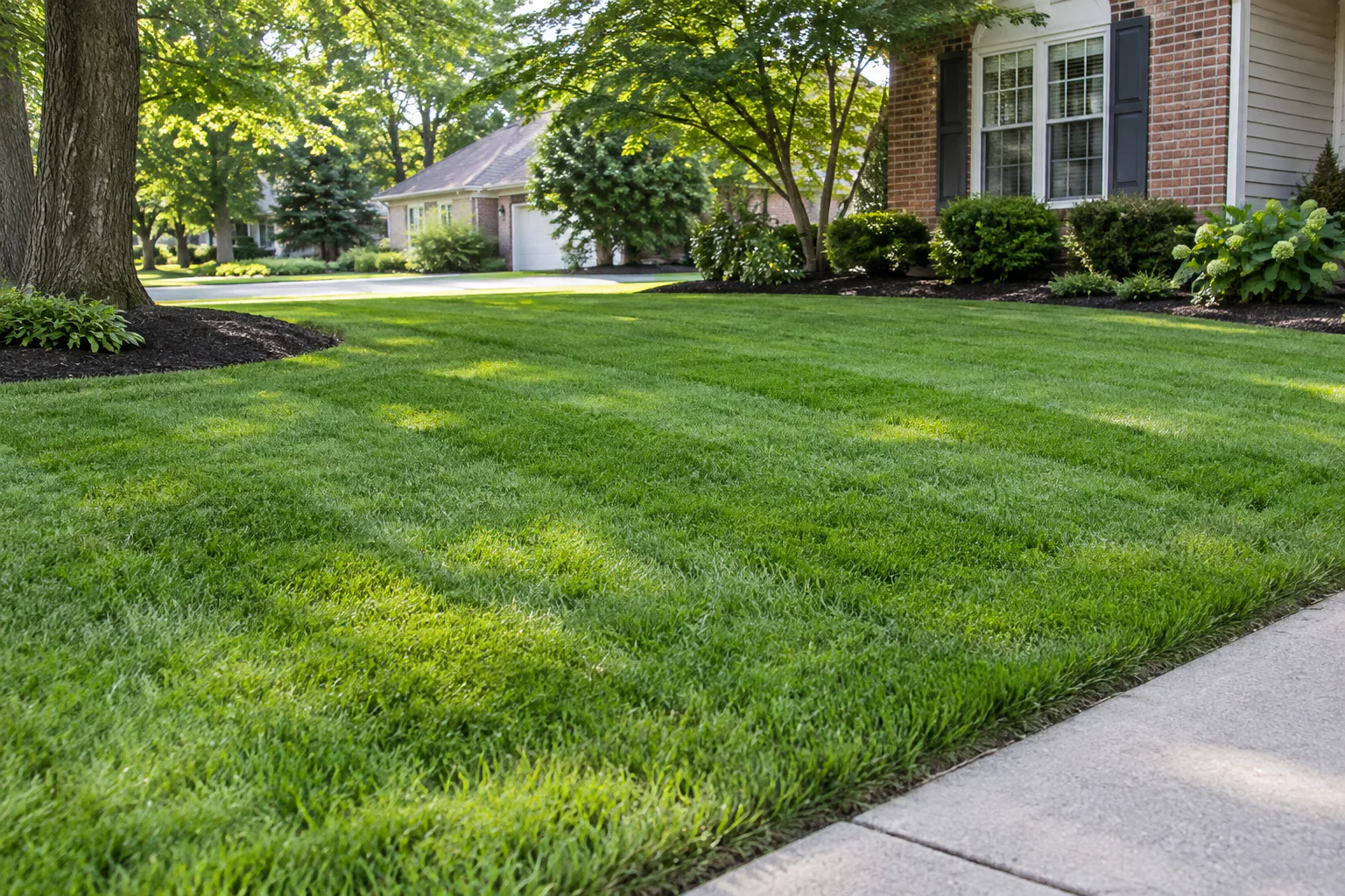 Freshly cut residential lawn with subtle mowing lines and clean edges
