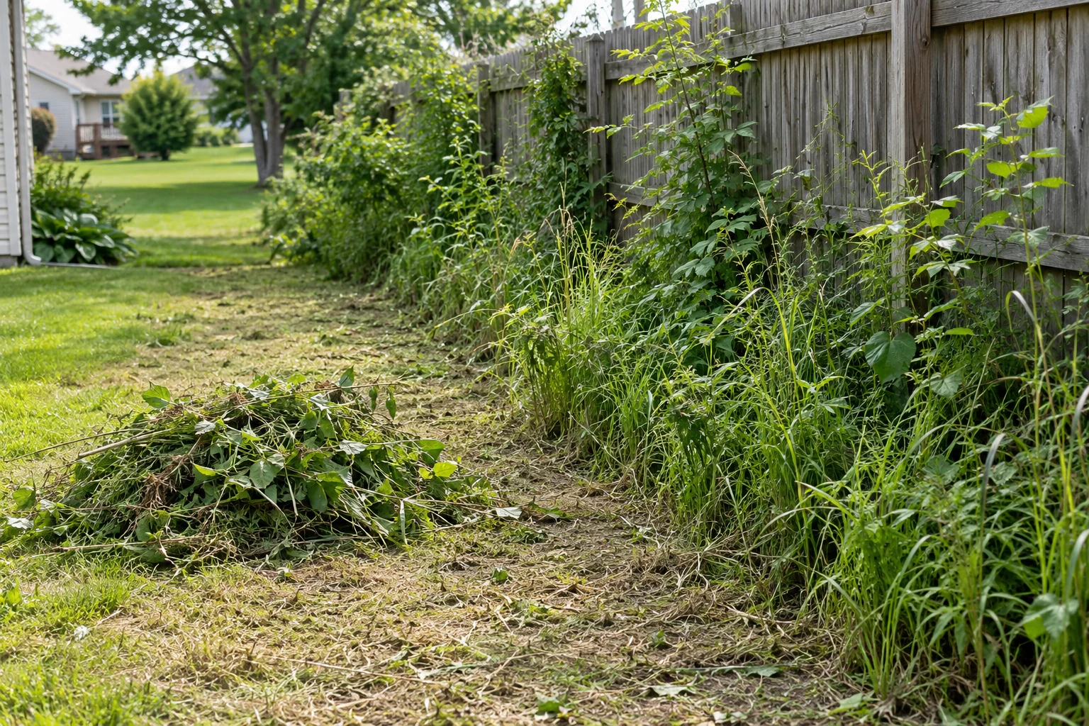 Residential fence line midway through cutting back dense overgrowth