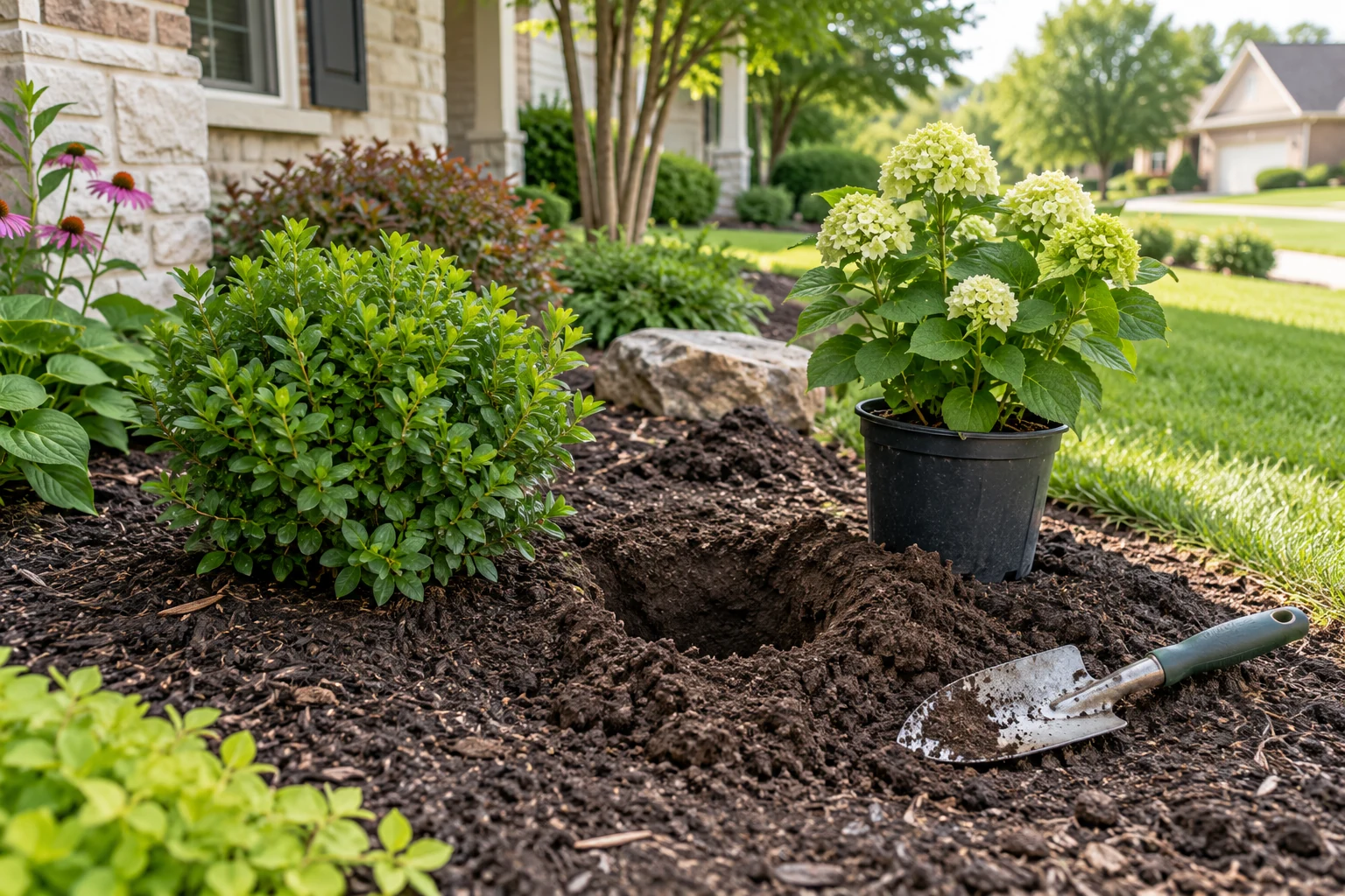 Small shrub and flowering plant beside a prepared planting hole in a residential bed