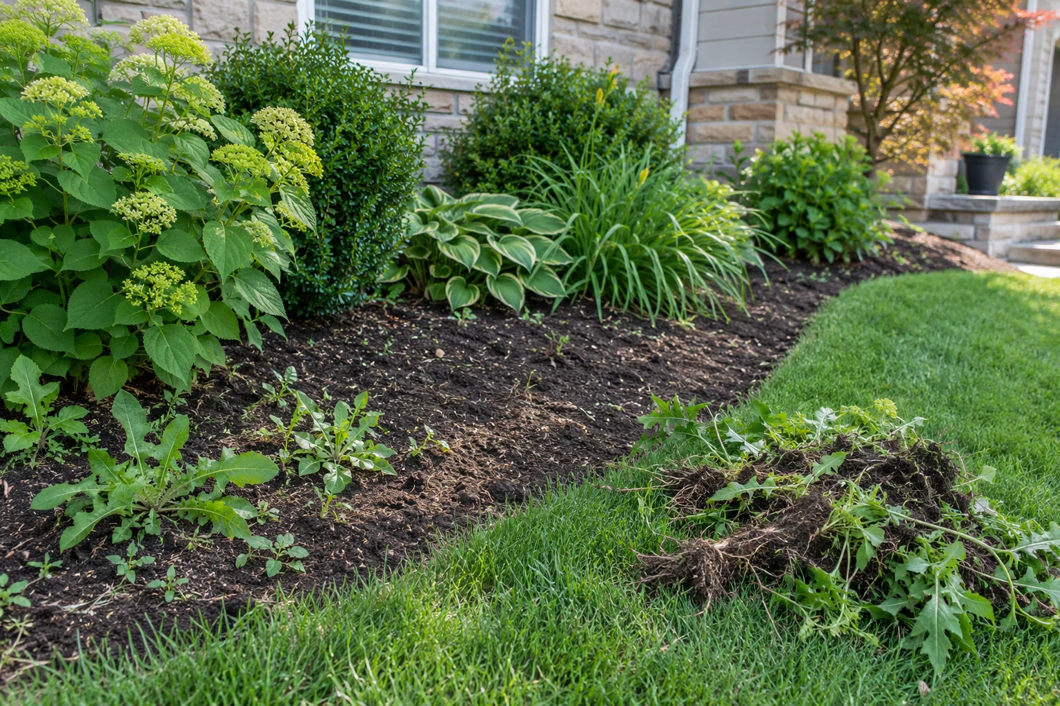 Residential planting bed midway through careful weed removal and cleanup