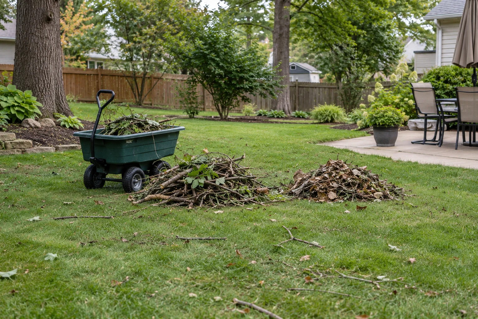 Twigs, small branches, and loose yard debris gathered for removal